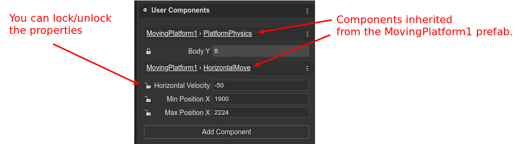 Editing properties of a component of a prefab instance.